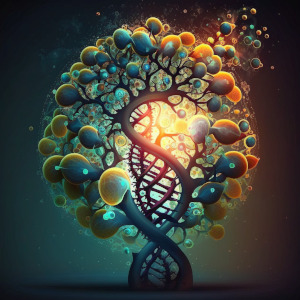 Cells growing from DNA molecule. AI-generated.